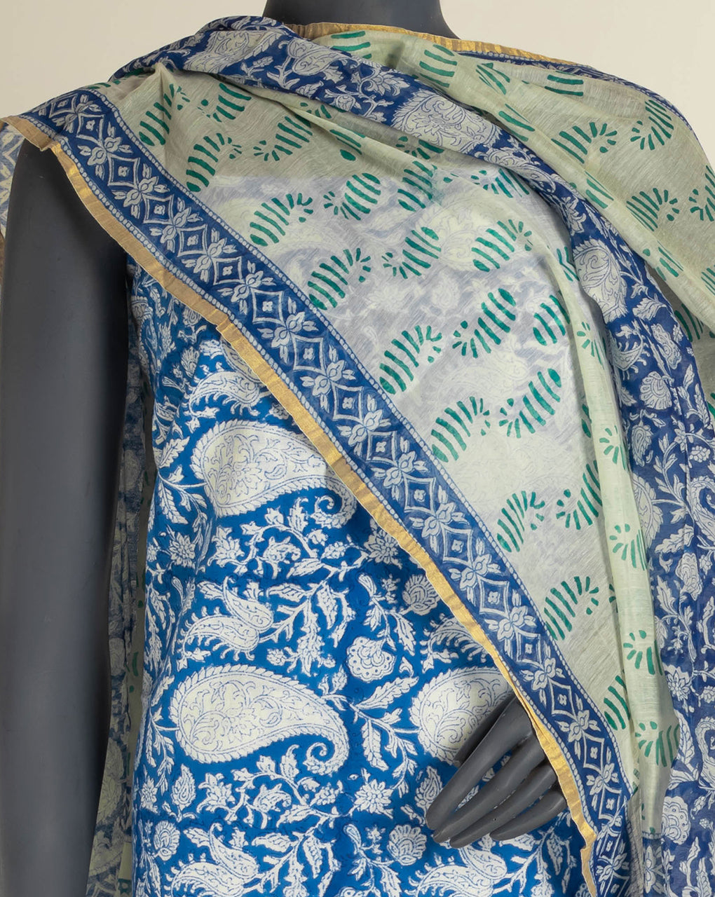 Hand Block Handloom Cotton Unstitched Top With Chanderi Dupatta - Fabriclore.com