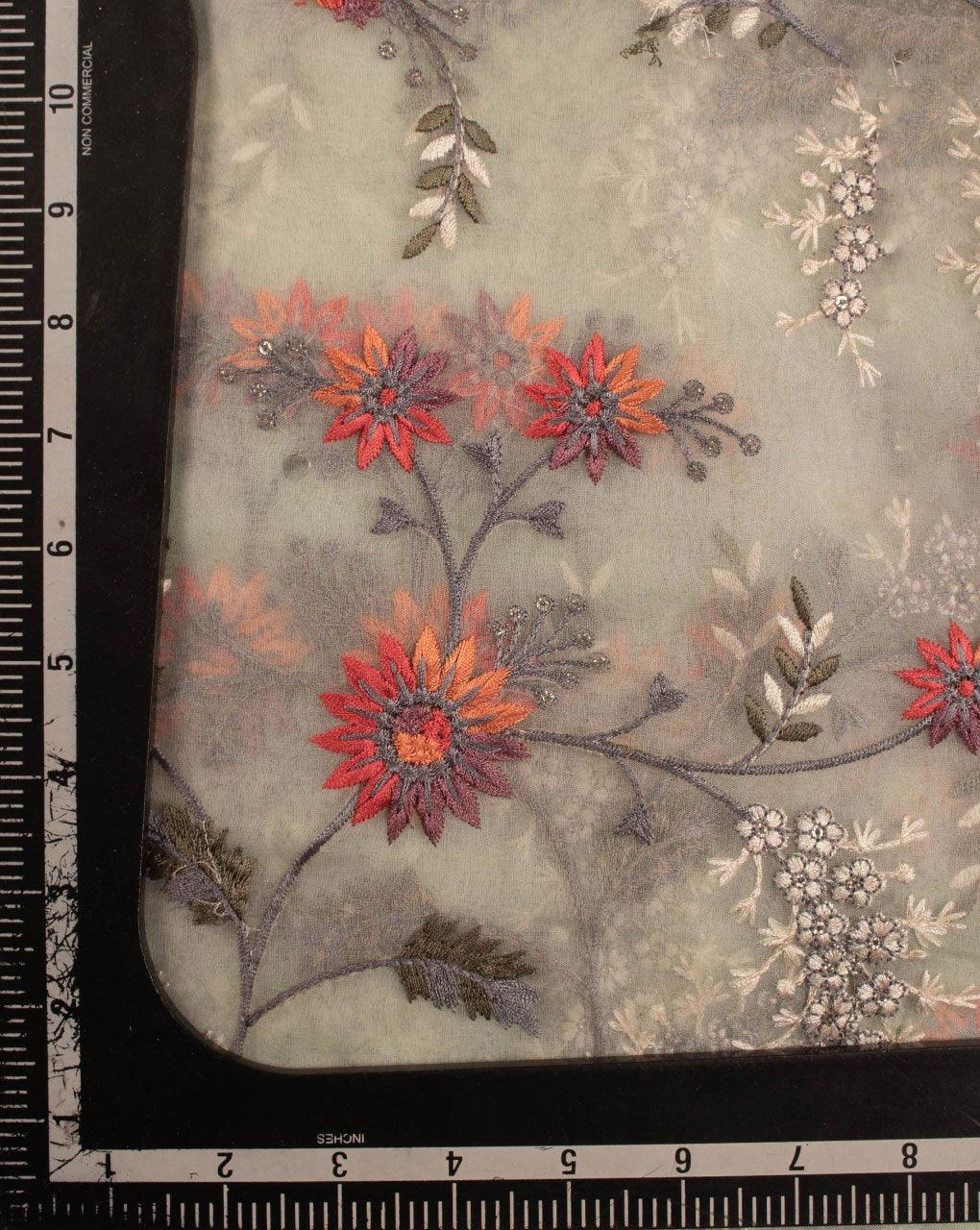 ( Pre-Cut 1 MTR ) Floral Embroidered Sequins Work Organza Fabric - Fabriclore.com